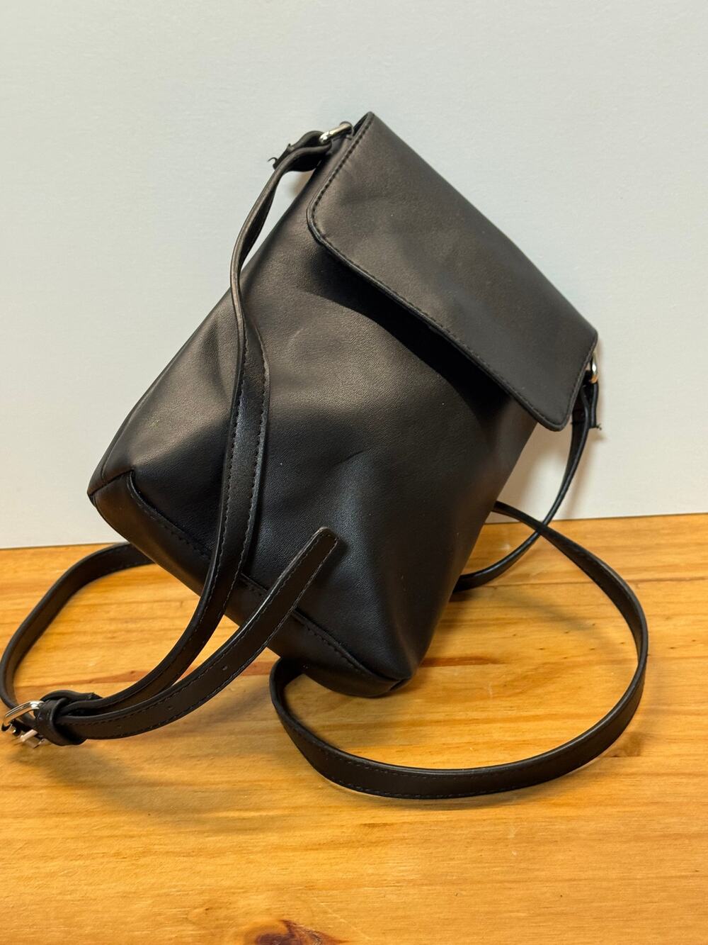 Joe Fresh Black Faux Leather Mini Crossbody Bag Adjustable Strap Flap Purse
